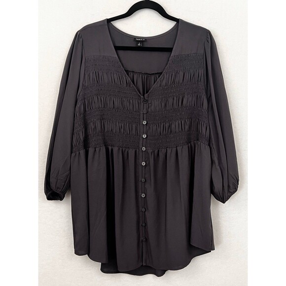 Torrid Challis Smocked Babydoll Size 2X Dark Gray V-Neck 3/4 Sleeves Top - Picture 1 of 14
